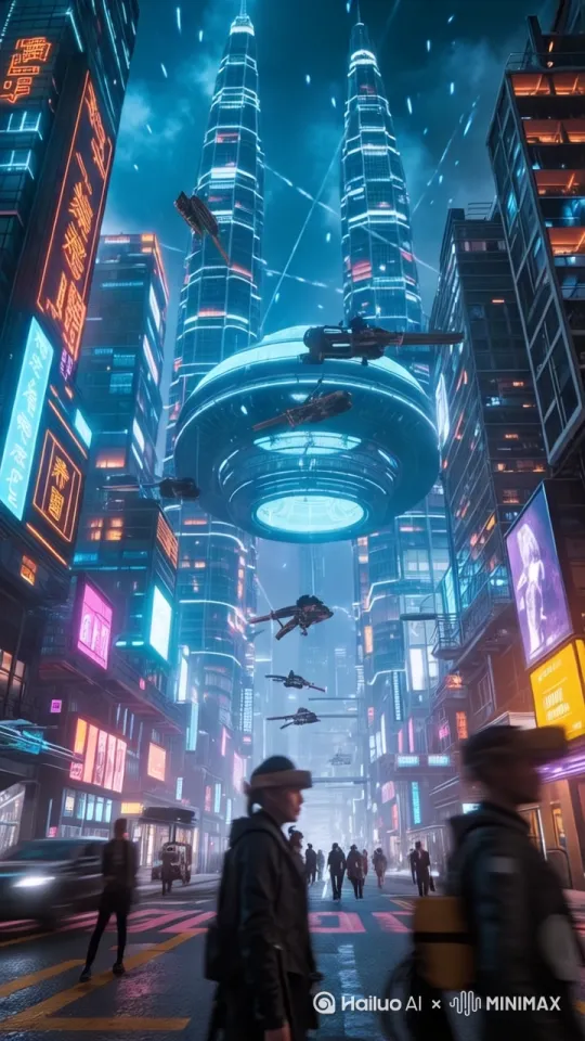 让画面里的景物，人物，还有光都起来，凸显出中国未来都市欣欣向荣的场景。[推进,上升] by Hailuo AI Video Generator