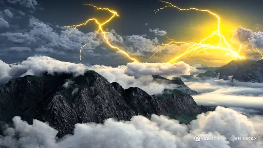 8K 超清，中国水墨画风格，青灰色云层呈现梵高《星月夜》式漩涡动态（旋转角度 120°，湍流密度 70%），俯拍云海翻腾的东胜神洲全景，金色闪电（电流宽度 8px，辉光强度 60%）撕裂水墨质感的群山，广角畸变镜头（焦距 24mm，畸变系数 0.3），虚幻引擎 5 全局光照，暗部加入宣纸褶皱纹理，动态粒子特效（云雾飘散速率 2m/s） by Hailuo AI Video Generator