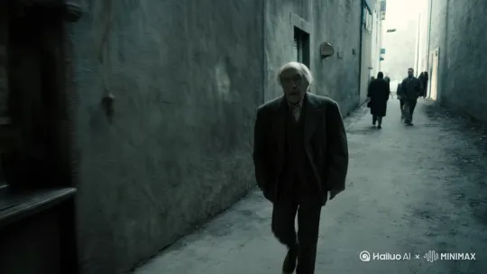 一位老者穿着肥大的旧西装,穿过清冷的小巷,走向一家老旧的小咖啡馆,他走进幽暗的咖啡馆,里面没几个人,他来到吧台,坐下,丛口袋里掏出几张皱巴巴的纸币,点了一杯咖啡,他默默的望着咖啡,看到一只黑白相间的蝴蝶从屋子一角飞出 by Hailuo AI Video Generator