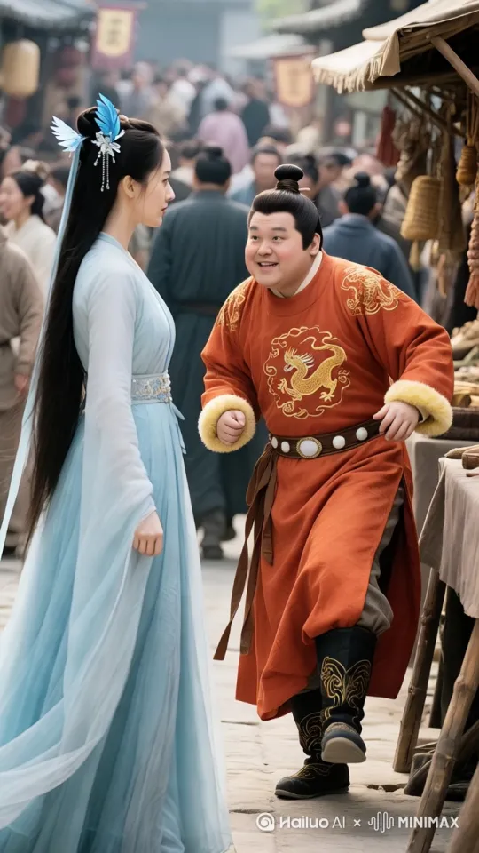 真实摄影电影质感高清画面 人物对话口型正确 憨天在画面中右侧：男主角，憨态可掬却神通广大，拥有九九八十一变，能上天入地、腾云驾雾、潜入深海、勇闯地府。性格憨厚老实，善良单纯，内心充满正义感，对世间万物怀有悲悯之心。身形圆润富态，脸庞圆润似满月，脸颊透着健康的红晕，一双大眼睛犹如黑宝石般明亮且灵动，笑起来眼睛眯成弯弯的月牙。头发乌黑浓密，梳成一个饱满的发髻，用一根古朴的木质发簪固定，几缕碎发俏皮地垂落在额头两侧。身着一件宽松的橙红色长袍，上面绣满金色云纹与瑞兽图案，领口和袖口镶着淡黄色绒毛，腰间系着宽幅褐色绸带，镶有圆润白玉，脚蹬黑色厚底布靴，靴面绣有金色纹路)不经意间抬头，看到了不远处的， 灵羽仙子在画面中左侧：女主角，拥有绝美的东方面孔，身姿高挑且体态轻盈，气质优雅。她是天庭的仙子，瓜子脸精致小巧，肌肤白皙胜雪，丹凤眼顾盼生辉，柳叶眉细长婉约，鼻梁挺直小巧，嘴唇如樱桃般嫣红。一头如瀑般的黑色长发柔顺亮泽，发间别着一支蓝色水晶雕琢而成的羽毛发簪。身着一袭淡蓝色拖地纱质长裙，外层薄纱绣有细腻银色丝线勾勒的羽毛图案，内层白色丝绸内衬，领口呈优雅弧形，袖口宽袖设计，边缘绣淡蓝色花边，腰间系浅蓝色丝绦，挂着小巧白玉铃铛，脚穿淡蓝色绣鞋，鞋面绣精致小花。)眼睛顿时一亮，脸上露出惊喜的表情。他急忙起身，想朝和(灵羽仙子在画面中的左侧 ：女主角，拥有绝美的东方面孔，身姿高挑且体态轻盈，气质优雅。她是天庭的仙子瓜子脸精致小巧，肌肤白皙胜雪，丹凤眼顾盼生辉，柳叶眉细长婉约，鼻梁挺直小巧，嘴唇如樱桃般嫣红。一头如瀑般的黑色长发柔顺亮泽，发间别着一支蓝色水晶雕琢而成的羽毛发簪。身着一袭淡蓝色拖地纱质长裙，外层薄纱绣有细腻银色丝线勾勒的羽毛图案，内层白色丝绸内衬，领口呈优雅弧形，袖口宽袖设计，边缘绣淡蓝色花边，腰间系浅蓝色丝绦，挂着小巧白玉铃铛，脚穿淡蓝色绣鞋，鞋面绣精致小花)走去，却不小心被摊位腿绊了一下，胖乎乎的身体摇晃了几下，差点摔倒，他赶紧稳住身形。
- 背景：古代唐朝集市摊位旁，穿着唐朝的服饰 人来人往。人物动作：憨天原本低头整理物件，抬头看到2. 灵羽仙子：女主角，拥有绝美的东方面孔，身姿高挑且体态轻盈，气质优雅。她是天庭的仙子，瓜子脸精致小巧，肌肤白皙胜雪，丹凤眼顾盼生辉，柳叶眉细长婉约，鼻梁挺直小巧，嘴唇如樱桃般嫣红。一头如瀑般的黑色长发柔顺亮泽，发间别着一支蓝色水晶雕琢而成的羽毛发簪。身着一袭淡蓝色拖地纱质长裙，外层薄纱绣有细腻银色丝线勾勒的羽毛图案，内层白色丝绸内衬，领口呈优雅弧形，袖口宽袖设计，边缘绣淡蓝色花边，腰间系浅蓝色丝绦，挂着小巧白玉铃铛，脚穿淡蓝色绣鞋，鞋面绣精致小花。羽仙子后，眼睛放光，迅速起身，脚步急切，结果被摊位腿绊倒，身体摇晃努力保持平衡。
- 人物对话：憨天（挠挠头，面带羞涩）：“仙子，好巧啊。没想到在这儿碰到你。”
- 环境变化：无
- 运镜方法：采用拉镜头，先聚焦憨天的表情和动作，然后拉远，展示憨天和2. 灵羽仙子：女主角，拥有绝美的东方面孔，身姿高挑且体态轻盈，气质优雅。她是天庭的仙子，心怀苍生，关注人间疾苦。性格温柔善良，聪慧机智，与憨天一同经历诸多冒险后，与他情投意合。瓜子脸精致小巧，肌肤白皙胜雪，丹凤眼顾盼生辉，柳叶眉细长婉约，鼻梁挺直小巧，嘴唇如樱桃般嫣红。一头如瀑般的黑色长发柔顺亮泽，发间别着一支蓝色水晶雕琢而成的羽毛发簪。身着一袭淡蓝色拖地纱质长裙，外层薄纱绣有细腻银色丝线勾勒的羽毛图案，内层白色丝绸内衬，领口呈优雅弧形，袖口宽袖设计，边缘绣淡蓝色花边，腰间系浅蓝色丝绦，挂着小巧白玉铃铛，脚穿淡蓝色绣鞋，鞋面绣精致小花。集市中的位置关系，以及周围热闹的场景，使观众了解两人所处环境，时长8秒。 by Hailuo AI Video Generator