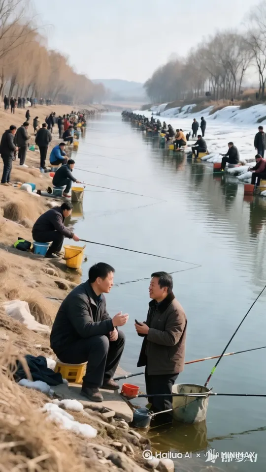 全景镜头，超高清 16K ，真实摄影，HDR 效果，展现冬季河边垂钓图。 在一个中国的野外河边，尽管是没有雪的冬天，景色仍有些萧索。河道两边聚集着非常多的人正在专注地钓鱼，人群密集。 其中两个人格外显眼，他们一边手持鱼竿，一边热络地交谈着。一人面带微笑，兴致勃勃地讲述着什么，另一人频频点头，目光偶尔看向水面。 河边的土地略显干燥，枯草在风中摇曳。 河水潺潺流淌，波光粼粼。 远处是连绵的山峦，在淡淡的雾气中若隐若现。 天空呈现出浅淡的蓝色，几缕轻柔的白云缓缓飘过。 画面整体色调以冷色调为主，烘托出宁静而又不失热闹的氛围。每一处细节都精心描绘，仿佛能让人听到人们的交谈声和河水的流淌声。 by Hailuo AI Video Generator