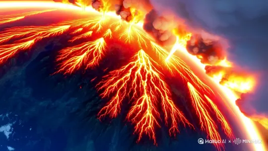 太空俯瞰地球视角，镜头跟随推进，聚焦来到地球上，地球上一座座的火山喷发出火山灰和岩浆，镜头切换，突然天空数不清的闪电击中海面，迸发的岩浆流入海中，形成千米高的雾柱，氨基酸和各种矿物质形成，真实场景拍摄感 by Hailuo AI Video Generator