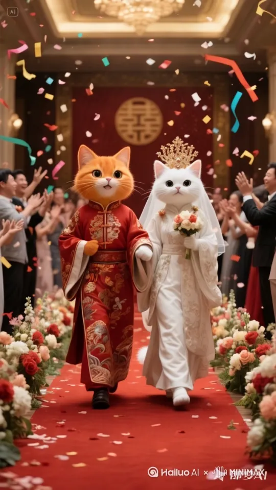 公猫和母猫携手向前，周围人群欢呼抛洒彩带花瓣，毛发精致，表情要笑的很开心。镜头追随。 by Hailuo AI Video Generator