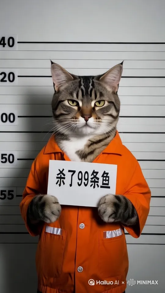 一只拟人化的猫穿着亮橘色连体囚服，站在带有刻度标记的白色身高测量墙前。它手持一块牌子，猫咪表情严肃，眉头微蹙，眼神直视前方，透露出一丝无奈与不解。它的尾巴从身后优雅地伸出，微微卷曲，增添了几分生动感。背景是一面简洁的白色墙壁，仅有的刻度线增加了画面的秩序感。近景特写，平视视角，捕捉到猫咪微妙的情绪变化。 by Hailuo AI Video Generator