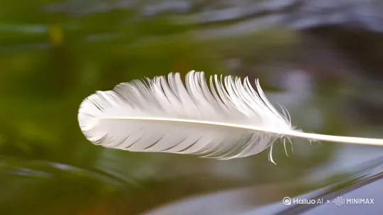 [左移,推进,右摇]一片羽毛，[推进,上升]掉进小溪流里随着溪流飘走 by Hailuo AI Video Generator