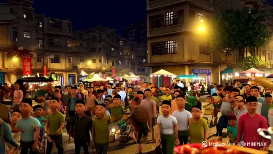 全景，真实摄影风格，一个中国的夜市，一个红衣服T恤的美女正在用一口无柄大锅炒着小龙虾，她一手掌勺一手拿着小瓶二锅头，周围聚集了许多人 by Hailuo AI Video Generator