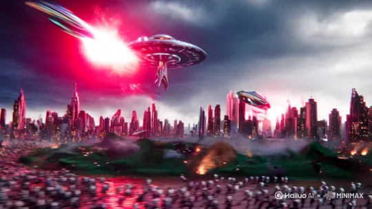 "Epic cosmic battle, alien warships descending through Earth's atmosphere, laser beams destroying cities, terrified crowds fleeing, glowing UFO mothership in stormy sky, hyper-detailed 4K, cinematic lighting, dynamic angles, neon-red explosions, sci-fi concept art style" by Hailuo AI Video Generator