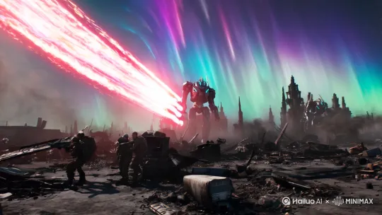 Last survivors fighting on ruined Earth, burning spaceship wreckage, alien mechas attacking humans, glowing plasma cannons, radioactive aurora in apocalypse sky, 8k resolution, unreal engine rendering, dramatic Dutch angle shot" by Hailuo AI Video Generator