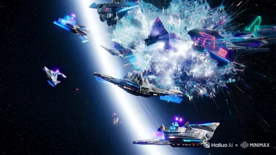 Interstellar warships colliding near black hole, energy shields shattering, alien creatures boarding human spacecraft, zero-gravity combat, holographic interfaces flashing, cyberpunk color scheme with metallic reflections" by Hailuo AI Video Generator
