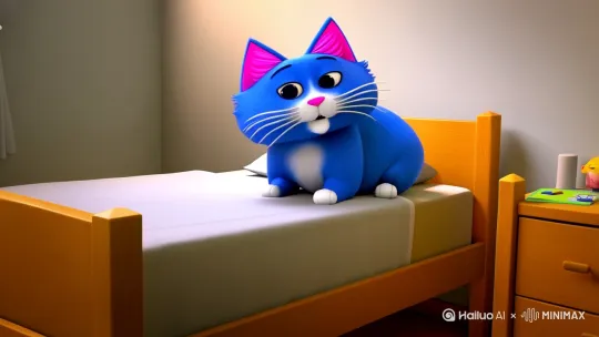 3D动画风格，画面主体是一只蓝色的胖猫，耳朵内侧为粉色，有着白色的胡须和粉色的鼻子，从宿舍床上坐起来，伸了伸懒腰，在床上扭屁股 by Hailuo AI Video Generator