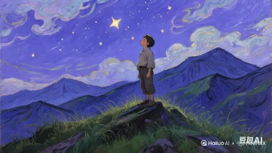 星空闪烁，流星滑动，云彩滑动，风吹起头发草地衣服 by Hailuo AI Video Generator