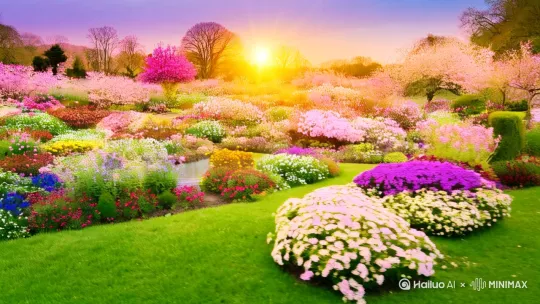 [左移,上升]生机盎然的春日花园全景，繁花似锦，绿草如茵，色彩斑斓的花朵竞相绽放，营造出“满园春色惹人醉”的氛围。[推进]，聚焦于一对鸳鸯在湖面游动激起一层层由内向外的水波，羽毛鲜艳，相互依偎，展现出“鸳鸯戏水”的画面。镜头切换至一对蝴蝶扇动着轻盈的翅膀，在湖边花丛间翩翩起舞，穿梭于各色花朵之中，捕捉它们灵动的身姿，体现“蝶双飞”的意象。同时，镜头轻微晃动，模拟微风拂过的效果，使花瓣和蝴蝶翅膀轻轻摇曳，增强画面的动态美感。晨光，丁达尔效应。春日温暖氛围，4K，电影质感。 by Hailuo AI Video Generator
