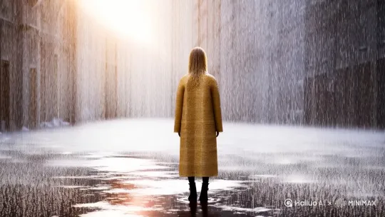 帮我生成一张图片： - 粒子系统生成2000万级雨丝，配合流体力学模拟水洼涟漪
   - 电影级焦外虚化：85mm镜头下朦胧雨幕，焦平面在蓑衣草编纹理
   - HDR光影：透过雨帘的丁达尔光线，灰阶层次保留12档动态范围。比例 9:16。 by Hailuo AI Video Generator