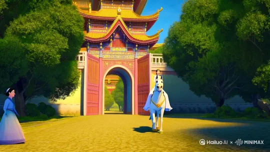 吉卜力画风，王宫门外，公主骑马，侍女底下牵马走着 by Hailuo AI Video Generator