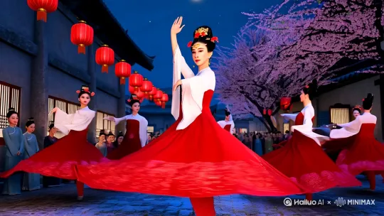 1. 舞蹈姿态类：唐代仕女翩翩起舞，红裙白袖飞扬，于古建前做出“顺风旗”舞姿，一手高举，一手平展，身姿曼妙，眼神灵动。
​
2. 场景氛围类：月夜古街，红灯高挂，樱花飘落，身着传统服饰的女子，在人群环绕中轻盈舞动，裙摆飘飞，尽显东方古典浪漫。
​
3. 细节特写类：特写女子精致发髻，金饰红花点缀，额间花钿娇艳，眉眼含情，似在古典舞中诉说千年故事。[上摇][左摇,变焦推进][跟随] by Hailuo AI Video Generator