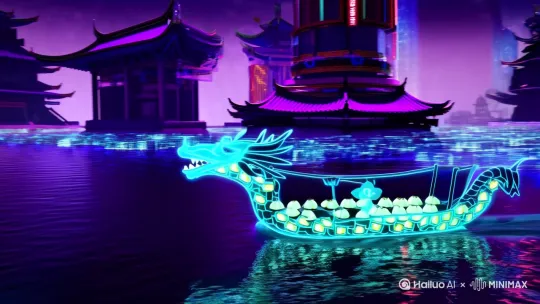 霓虹光效的透明龙舟在数据流构成的江面飞驰，船身镶嵌粽子造型的发光芯片，鲤鱼化作机械鱼拖着 “金榜题名” 的全息投影，背景是赛博风格的古代建筑，主色调为紫蓝渐变，点缀故障艺术效果 by Hailuo AI Video Generator