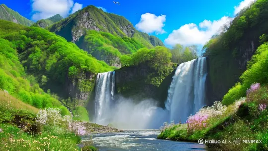 瀑布高山，(绿叶1.3)，(花朵1.1)，(植物1.2)，(蓝天1.1)，(被树叶覆盖)，(春天1.2)，(晴天1.2)，白云，空中的鸟儿，(水墨画1.1)，(插图1.3)，高清，最好的质量，山，雾，(河流1.3)，(杰作1.2)，最好的质量，高，原始，极致，极致墙纸，完美，赤壁 by Hailuo AI Video Generator