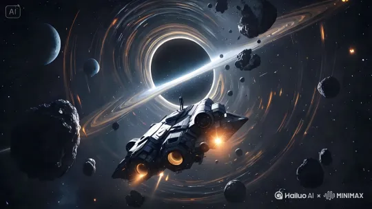 飞船飞出太阳系进入黑洞  [推进]流星雨划过星空  一颗巨大陨石撞击飞船  爆炸撕裂[上摇] by Hailuo AI Video Generator