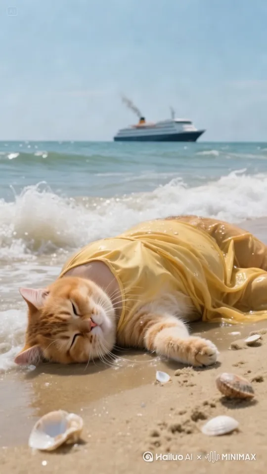 沙滩晕厥
超高清:鹅黄色真丝吊带裙浸透海水贴紧胖橘猫圆滚滚身躯,布料垂坠感在浪涛冲击下扭曲褶皱。它倒在沙滩上,四肢瘫软,胡须沾满沙粒与水珠,眼睛紧闭,喉结微微起伏。浪花不断拍打着她,远处海天相接处,游轮鸣笛声隐约传来,沙滩上散落着破碎的贝壳 by Hailuo AI Video Generator