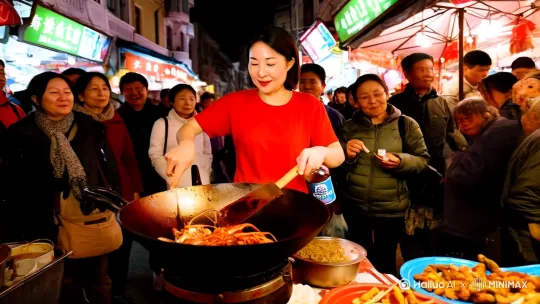 全景，真实摄影风格，一个中国的夜市，一个红衣服T恤的美女正在用一口无柄大锅炒着小龙虾，她一手掌勺一手拿着小瓶二锅头，周围聚集了许多人 by Hailuo AI Video Generator