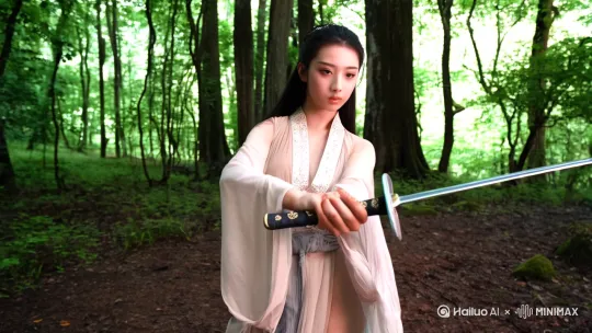 高清视频，一位仙气飘飘年轻的女子，中国古代美女脸，五官精致， 手持长剑，站在山林中，挥舞长剑，舞剑动作，衣袂飘飘，女子身材性感，身体曲线玲珑，细腰肥臀，big boobs，视频9：16 by Hailuo AI Video Generator