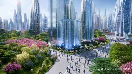未来城市模型，人与机器人默契配合，空气清新，鸟语花香。 by Hailuo AI Video Generator