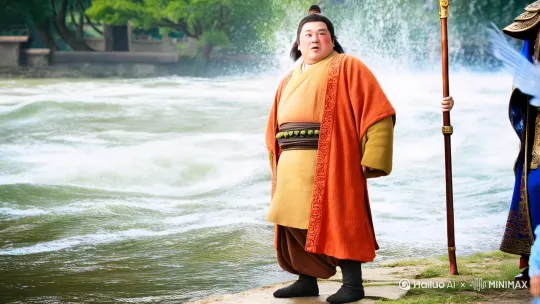 (真实摄影，电影质感8K超高清画面，8K高清细节人物对话内容口型准确 ，人物动作流畅自然)(憨天憨态可掬、神通广大，性格善良正义。他脸庞圆润，乌发束髻，着橙红绣纹长袍，系褐色镶玉绸带，脚蹬黑靴)站起身，毫不畏惧地直视河神。
- 背景：河边，(河神他身着华丽的蓝色长袍，头戴金色王冠，手持三叉戟，神色傲慢。)与(憨天憨态可掬、神通广大，性格善良正义。他脸庞圆润，乌发束髻，着橙红绣纹长袍，系褐色镶玉绸带，脚蹬黑靴)和(灵羽仙子乃天庭仙子，绝美优雅，心怀苍生。瓜子脸，肤白眸亮，黑发别蓝水晶簪，着淡蓝绣羽纱裙，尽显温婉)对峙。
- 人物动作：憨天迅速起身不转身去，抬头挺胸，眼睛直视河神，表情坚定，灵羽仙子，转身看相河神 ，河神的动作非常的傲慢 
- 人物对话：憨天（大声）：“河神，你为何阻断人间水源，让百姓受苦？这旱灾是不是你所为？”
- 环境变化：海水波涛汹涌
- 运镜方法：固定镜头拍摄憨天的动作和表情，突出他面对河神时的勇敢和坚定， by Hailuo AI Video Generator