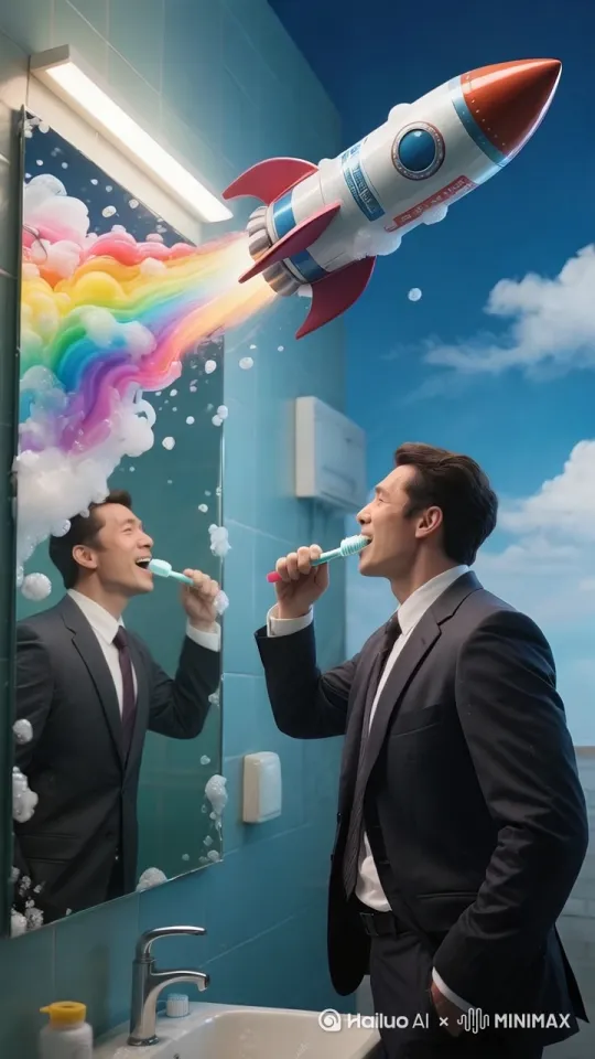 镜头1（1秒）
画面：西装革履的上班族站在镜子前刷牙，牙膏泡沫是彩虹色。
动作：突然牙刷变成火箭，带着他冲破镜子飞向天空。

镜头2（2秒）
画面：空中漂浮着会说话的云朵（字幕：“今天的KPI是下雨”），主角在云层间穿梭时，火箭燃料耗尽开始坠落。

镜头3（2秒）
画面：主角掉进客厅的鱼缸，金鱼们用鱼鳍鼓掌（背景传来超市广播：“今日特价——红烧老板鱼买一送一！”）。 by Hailuo AI Video Generator