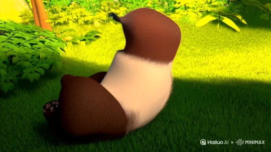 一只熊猫在草地上滚动，最后变成功夫熊猫 by Hailuo AI Video Generator