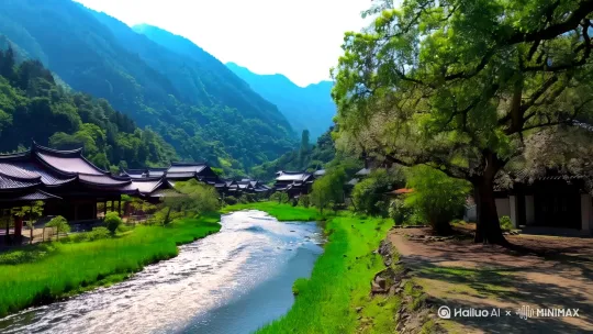 在美丽的画乡户县，有一个美丽的村庄，村庄的名字叫石佛寺村。村旁有一条小河，村的中间有一户人家，人家的前院有一颗桑树。 by Hailuo AI Video Generator