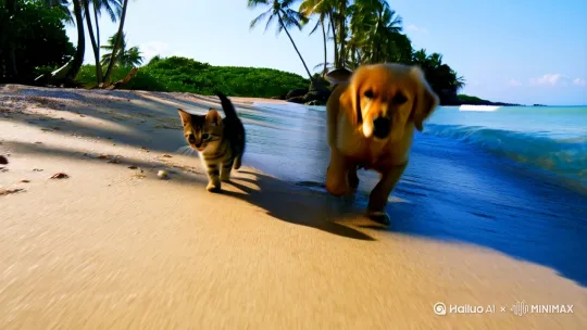 主题描述词：金色小奶狗和虎斑小猫在浅蓝色海浪边追逐奔跑，小爪子扑打白色浪花，沙滩上散落贝壳和椰子树影，美学词：超写实动物毛发纹理，水珠飞溅动态捕捉，沙滩颗粒质感细腻，专业词：8K分辨率，真实感光影渲染，自然景深虚化处理[推出,上升,下摇] by Hailuo AI Video Generator