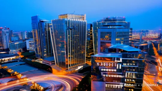 现代城市天际线景观，大疆Mini4无人机在黄昏光影中飞行执行航拍任务，主体呈现高楼玻璃幕墙的镜面反光效果，镜头缓慢推进展现建筑群立体层次，低空视角捕捉街道车流的光轨拖影，高空俯拍展示城市与河流交界的全景画面，电影级广角镜头搭配动态追焦技术，画面色调采用蓝橙对比色系，突出科技感与都市生命力的融合氛围，拍摄参数包含4K 60fps高帧率和智能跟随3.0模式， by Hailuo AI Video Generator