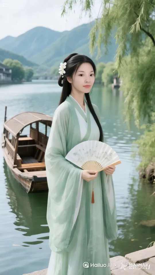 微风徐徐，水面泛起涟漪，垂柳依依，船慢慢靠岸，女子衣袂、发丝飘动，扇面轻摇，周围光影随之灵动，女子含情脉脉，依依不舍，准备上船。镜头跟随人物。 by Hailuo AI Video Generator