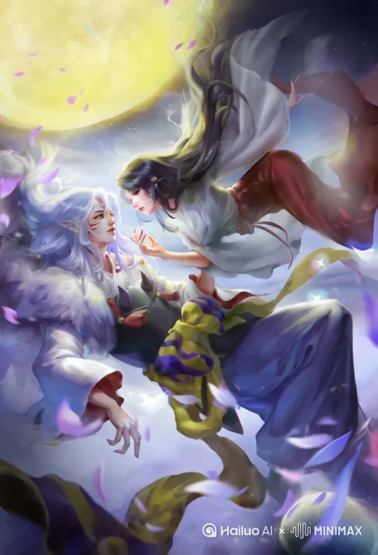 两个人物头发飘动，动作流畅，花瓣飞舞，衣服飘动，镜头推进，固定 by Hailuo AI Video Generator