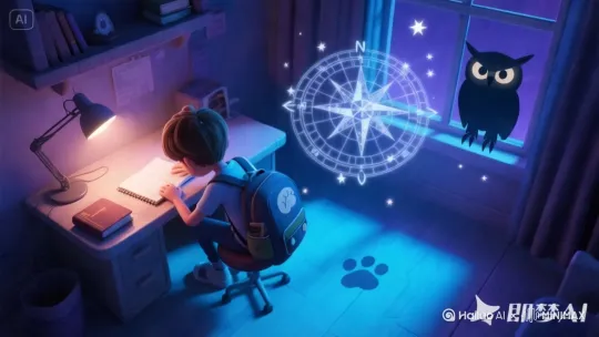 阿拓熬夜研究笔记本，台灯突然闪烁。星图自动旋转，投影出立体星象，一枚水晶罗盘悬浮在空中 
 
阿拓（兴奋）：“这是能找到‘星尘宝藏’的钥匙？”
 
窗外传来猫头鹰的怪叫，黑影掠过玻璃。阿拓将罗盘塞进书包，却没注意到地板上出现爪印 by Hailuo AI Video Generator