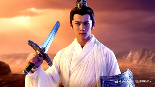 一名白袍青年右手持剑左手持盾恶狠狠的盯着前方 by Hailuo AI Video Generator