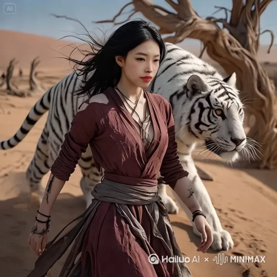 快速高空跟踪镜头移动无人机视角，一个超现实的高速梦境系列相机紧密跟踪，相机从略高位置的俯视角度紧密跟踪。从左后方向右后方移动，随着角色迅速穿越，场景环境是动态的快速变化，
女生一下跳上老虎背上，骑着老虎像仙女一样快速飞向很高的空中，飞得非常高，距离地面至少上百米，轻松地在空中向前快速滑行，头部向前捕捉平滑水平飞行的感觉。头发衣服随风摇摆，下面有跟图片中同样的沙漠和景观，脚后跟持续冒着长长的彩色烟雾，就像喷气机一样。运动模糊和光机增强了速度感和流畅性，超级快速移动 by Hailuo AI Video Generator