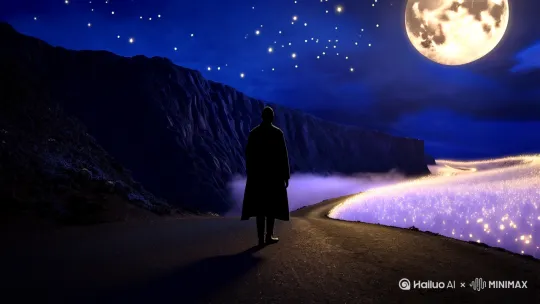 一位孤独的旅人站在月光下的分岔路口，面前是陡峭不可攀的悬崖（象征无法跨越的坎），侧边小路被温柔的月光照亮。夜空中的新月散发着珍珠母贝般的柔光，星辰在深蓝色宇宙中流转。人物采用剪影形式，环境融合写实与梦幻风格，淡紫色薄雾缠绕山间，远处有发光的萤火虫群形成迂回路径。色调以藏蓝、银白和淡金为主，整体氛围宁静而充满希望 by Hailuo AI Video Generator