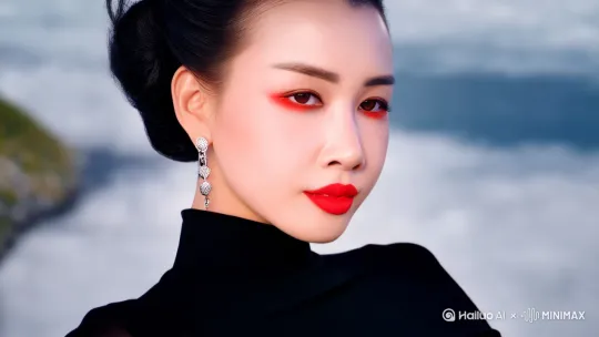 镜头对美女定格特写，美女容貌不变，全景广角镜头跟踪拍摄，无人机视角捕捉，美女俯卧向上飞行，下面有白云海鸥，上面悬浮岛 by Hailuo AI Video Generator
