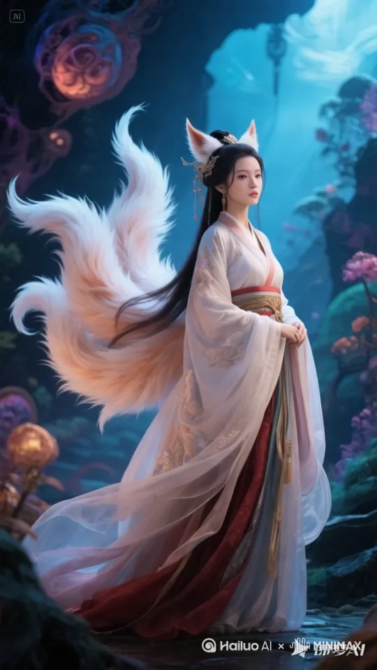 [右移,左摇,跟随]图中美女变成一只狐狸 by Hailuo AI Video Generator