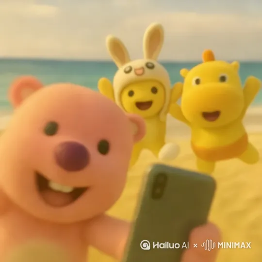 图片中的三个人物在画面中都笑的特别开心 后面两个一直在跳来跳去 他们两个还抱了一下 前面粉色的漏出两颗牙齿可爱极了 4k画质 360度运镜 by Hailuo AI Video Generator