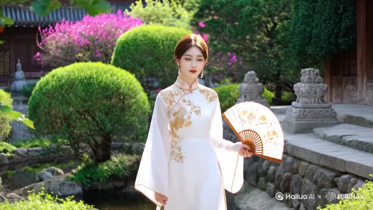 穿白色旗袍，绣金色花手拿团扇纹背景古代花园 by Hailuo AI Video Generator