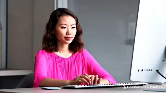 一位28岁中国女子，五官精致，头发过肩微卷，穿着粉色连衣裙，坐在电脑前（左移推进），手不停地敲打着键盘。（右摇聚焦女人） by Hailuo AI Video Generator