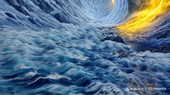 8K 超清,中国水墨画风格,分法层漩涡中心偏右,云下引导视线
青灰色云层呈现梵高《星月夜》式漩涡动态(旋转角度 120°,湍流密度 70%),俯拍云海翻腾的东胜神洲全景,色调:青灰主色 + 金色高光(RGB 参考:#3A4452, #FF70D0)
金色闪电(电流宽度 8px,辉光强度 60%)撕裂水墨质感的群山,广角畸变镜头(焦距 24mm,畸变系数 0.3),虚幻引擎 5 全局光照,暗部加入宣纸褶皱纹理,动态粒子特效(云雾飘散速率 2m/s)
分辨率:3840×2160(16:9) by Hailuo AI Video Generator