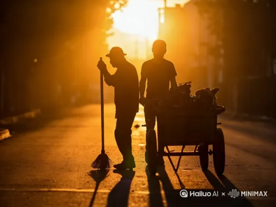 环卫工人慢慢的扫，志愿者推着车慢慢的走，[变焦拉远,跟随] by Hailuo AI Video Generator