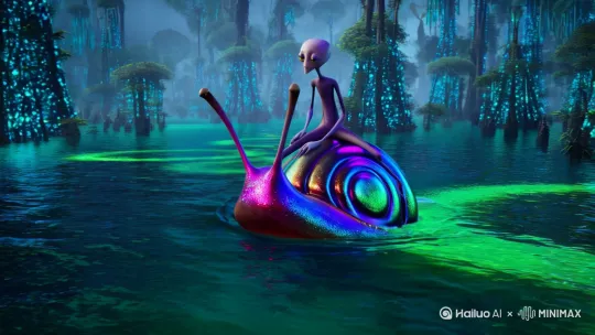 一个外星人骑着一只巨大的蜗牛，行走在一片沼泽中 by Hailuo AI Video Generator