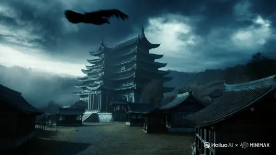 画面: 阴云密布的村庄，远处隐约可见一座古老的祠堂。
音效: 风声呼啸，偶尔传来乌鸦的叫声。
字幕: “在一个神秘的村庄，流传着古老的鬼怪传说。” by Hailuo AI Video Generator
