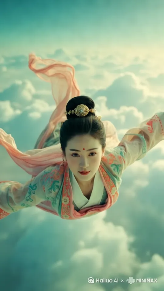 女人悬浮在低空以优美的俯冲姿势向前飞翔，快速向前飞行，快速穿越在云海，脸上挂着甜美的微笑，望着镜头，裙摆随风舞动，散发出淡淡的光芒。她的长发如丝绸般柔顺，在风中自由飘扬。双臂优雅地展开，轻柔而流畅。随着飞行的节奏缓缓摆动，她的动作轻柔而富有韵律，仿佛在与风共舞。她的步履轻盈如风，如同仙女在天空婀娜舞蹈，无人机俯拍捕捉飞行，镜头紧紧跟随，丝滑衔接。 by Hailuo AI Video Generator