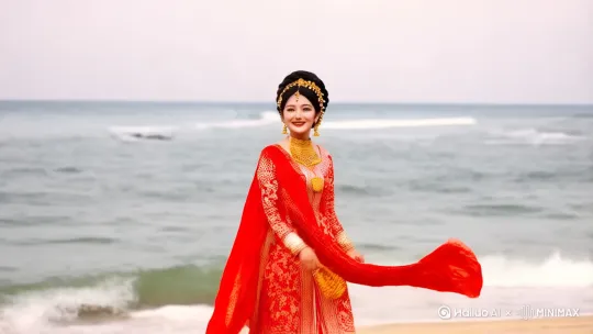 让她在海边散步，微笑着给我打招呼，调皮做鬼脸。 by Hailuo AI Video Generator