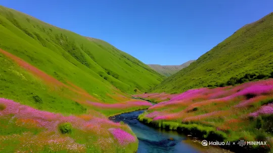 青山小溪花朵满山[推出,上升,下摇] by Hailuo AI Video Generator